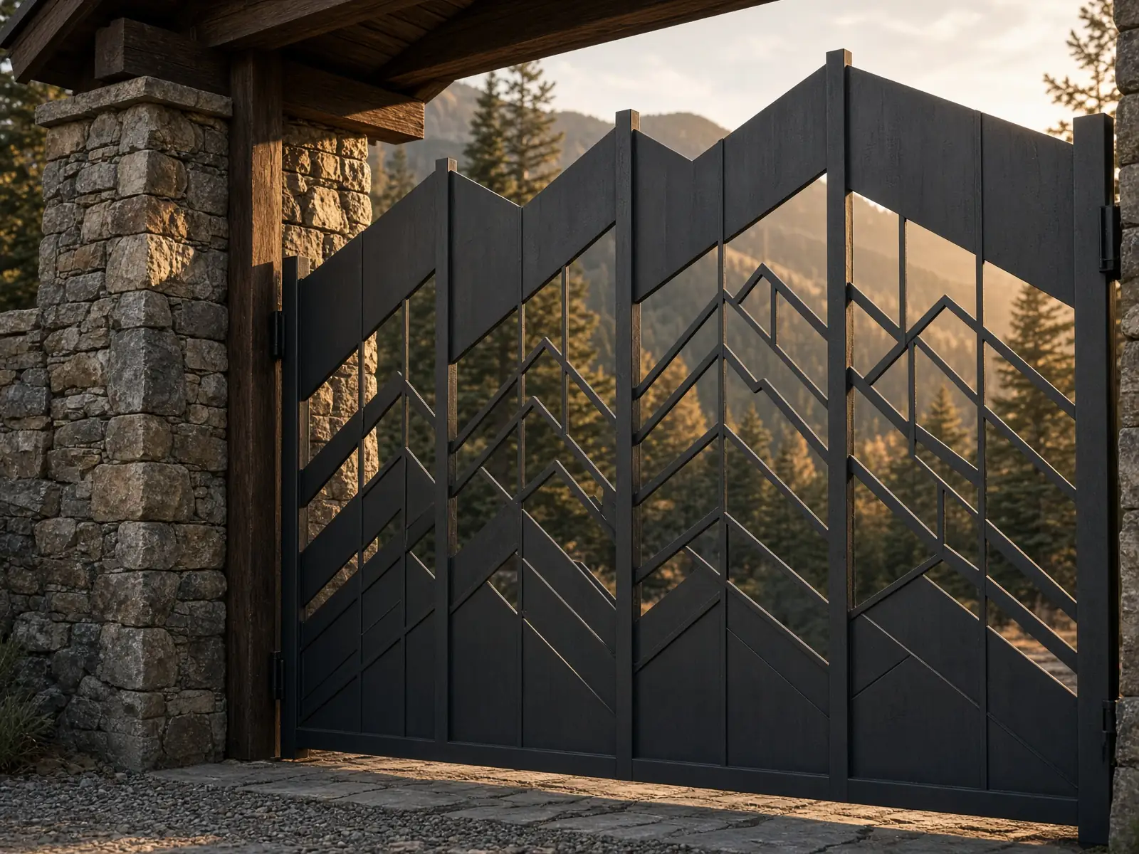 Ornamental steel driveway gate with mountain cutout pattern