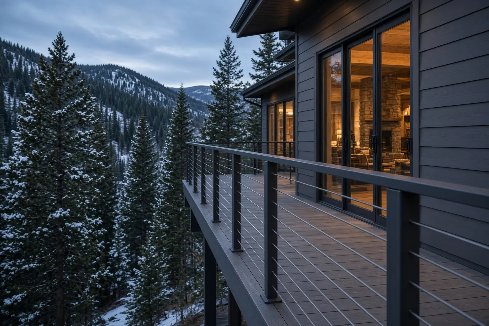 Cable railing on a mountain-home deck at twilight, Durango