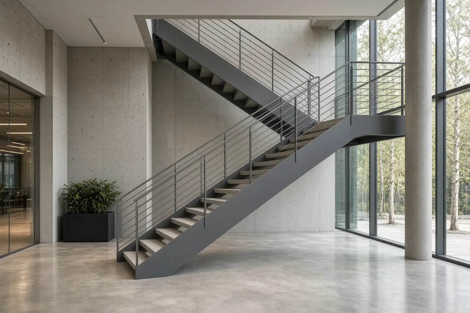 Commercial interior stair with steel plate stringers and bar guardrail