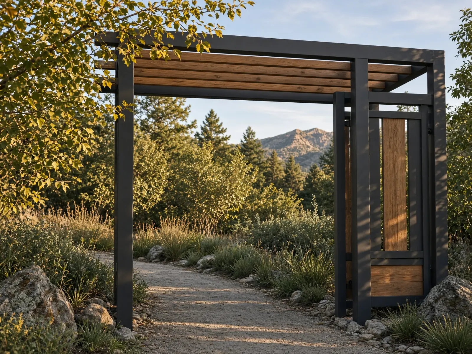 Custom steel and timber garden gate in a mountain garden