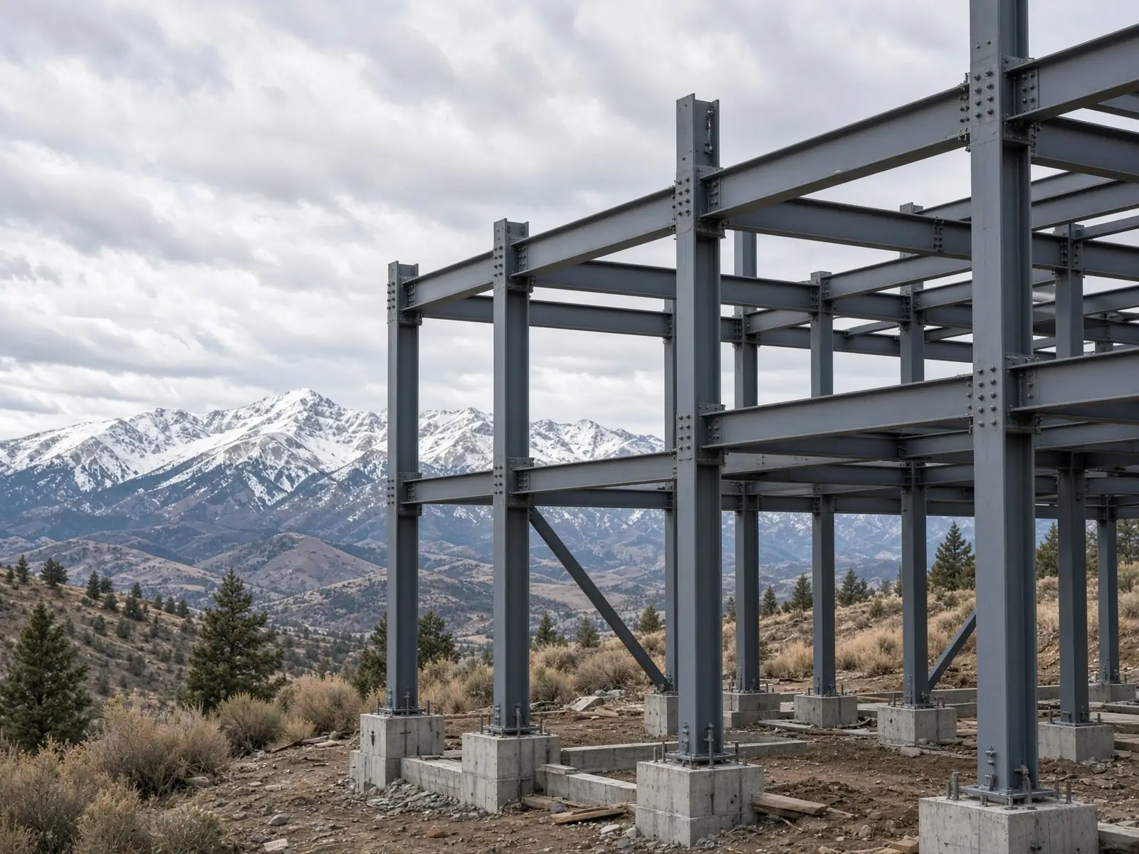 Residential structural steel frame on a Colorado hillside