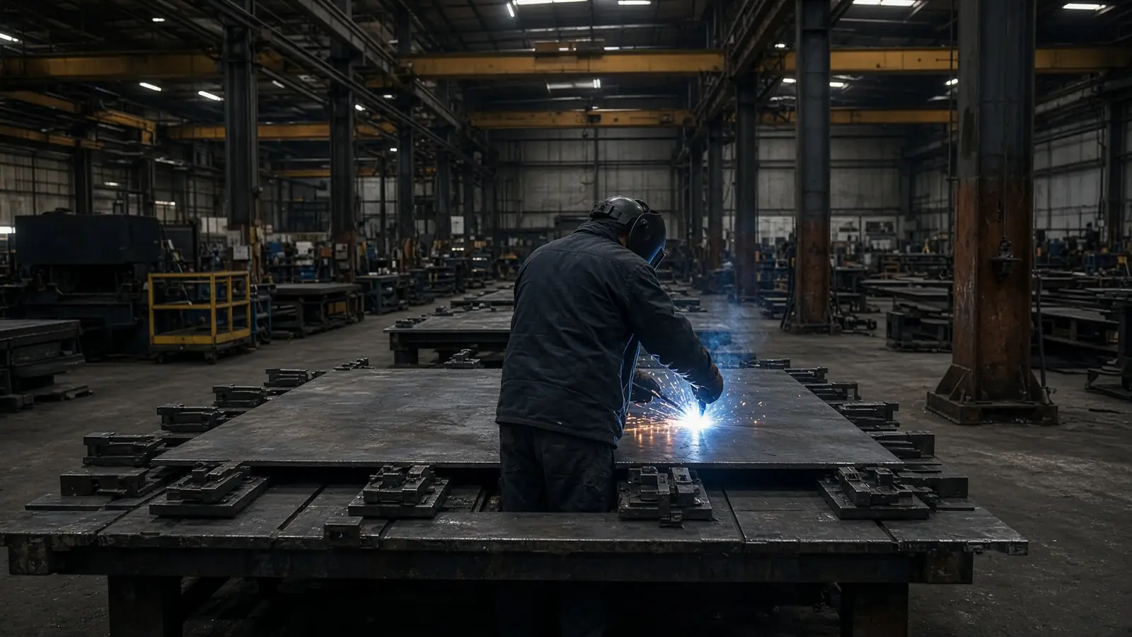Fabricator welding plate in the Kassay shop